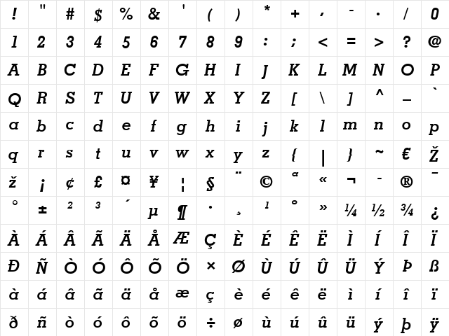 Memphis LT Medium Bold Italic  glyph index