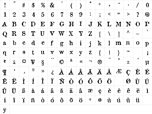 AtticAntique Regular  glyph index