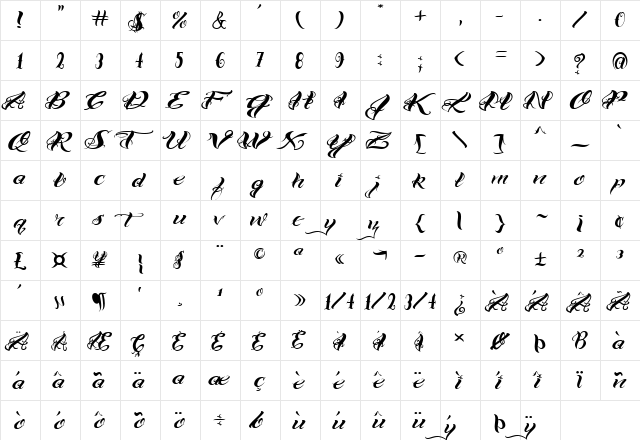 VTC-Bad Tattoo Hand One Regular  glyph index