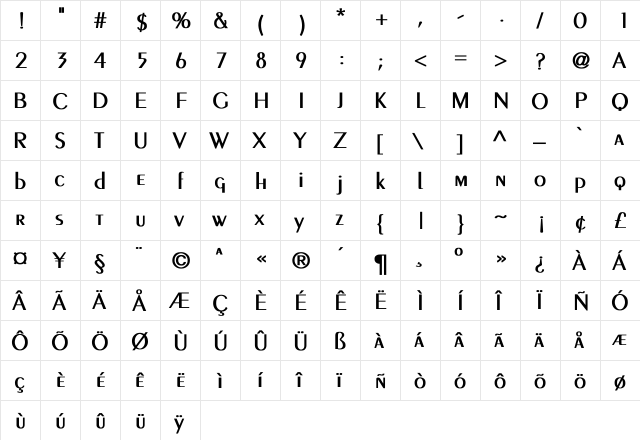 Crossley Light Bold Regular  glyph index