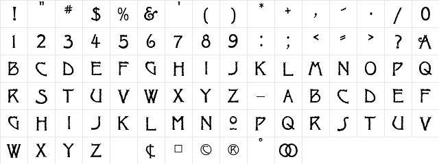 Ragged Regular  glyph index