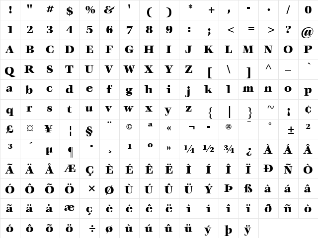 Veljovic LT Black Regular  glyph index