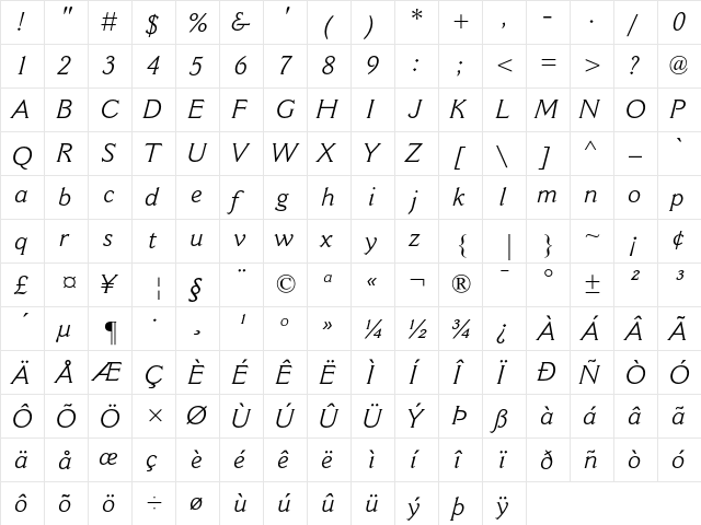 Cantoria MT Italic  glyph index