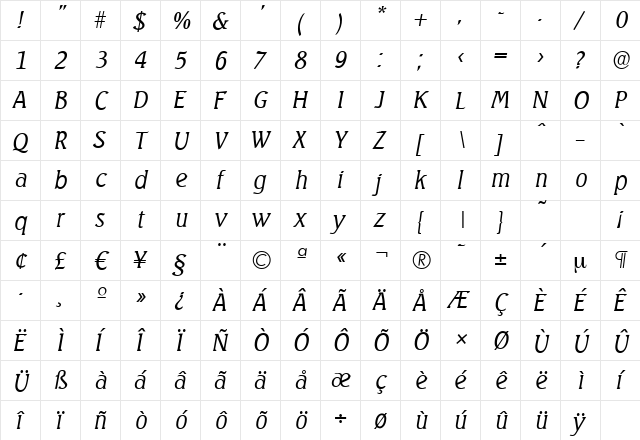 SeagullSerial-Light Italic  glyph index