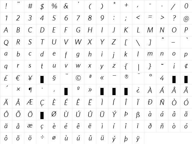 Whitney Medium Italic  glyph index