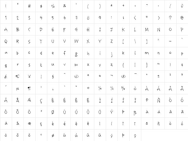 Stumbeleina Regular  glyph index