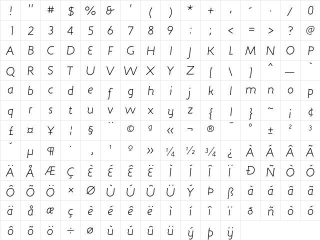 Engine LightItalicLF  glyph index