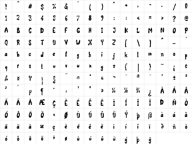 Comic Land Highlight Regular  glyph index