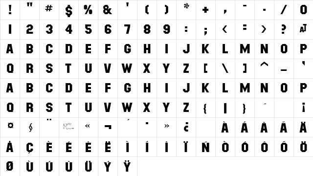 Masheen Bold  glyph index