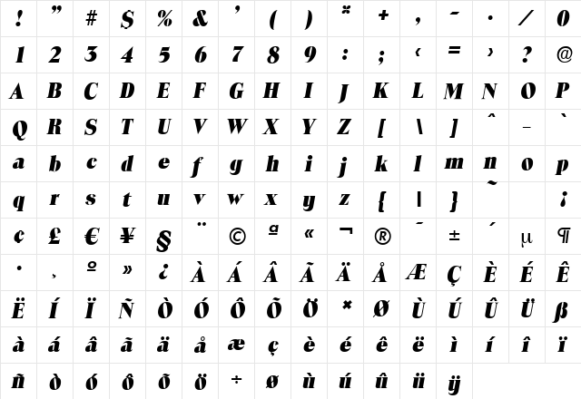 ToledoSerial-Heavy Italic  glyph index