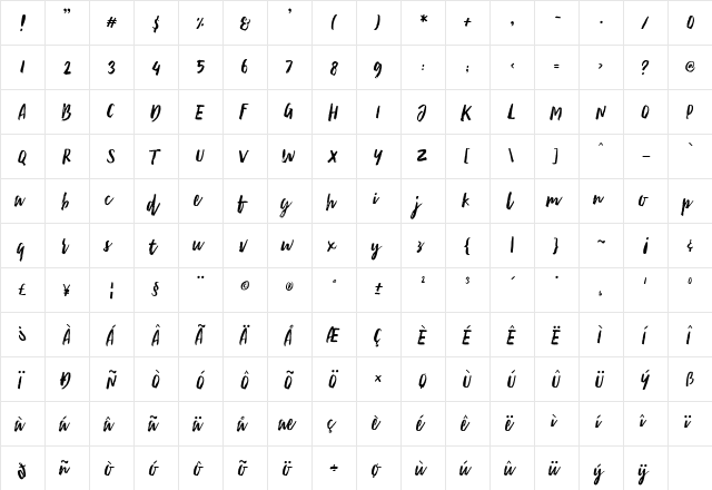 Ample Script Regular  glyph index