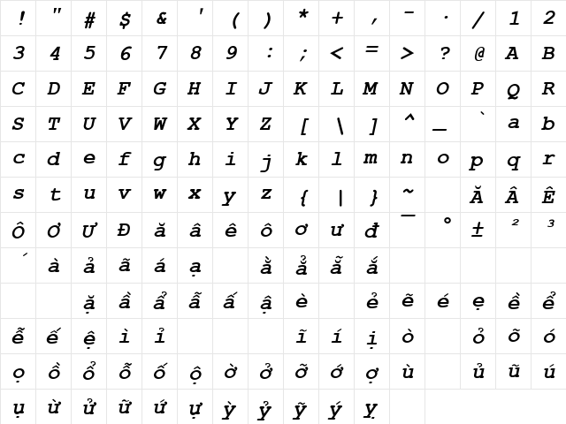 .VnCourier New Bold Italic  glyph index