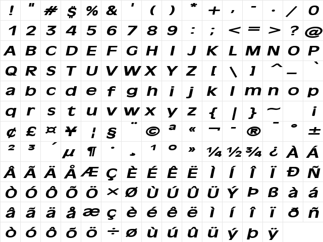 Antiqua 101 Extended BoldItalic  glyph index