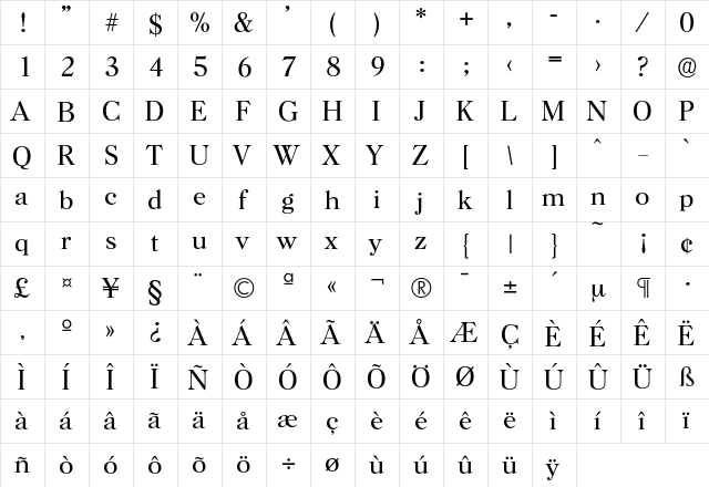 Horsham-Light Regular  glyph index