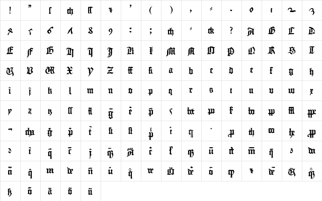 Fraktur Gutenberg B42 Regular  glyph index