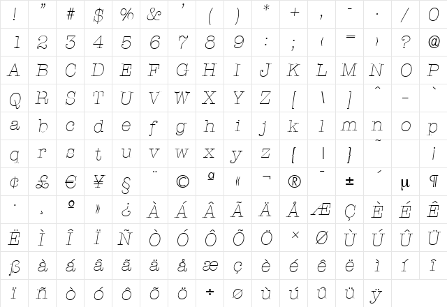 TypewriterSerial-Xlight Italic  glyph index
