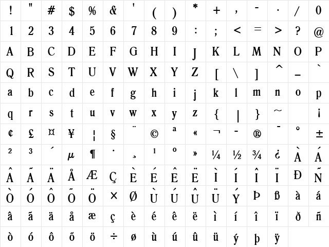 Roomy Condensed Bold  glyph index