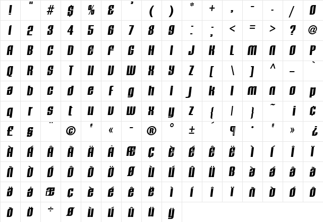 TFCavalier Regular  glyph index