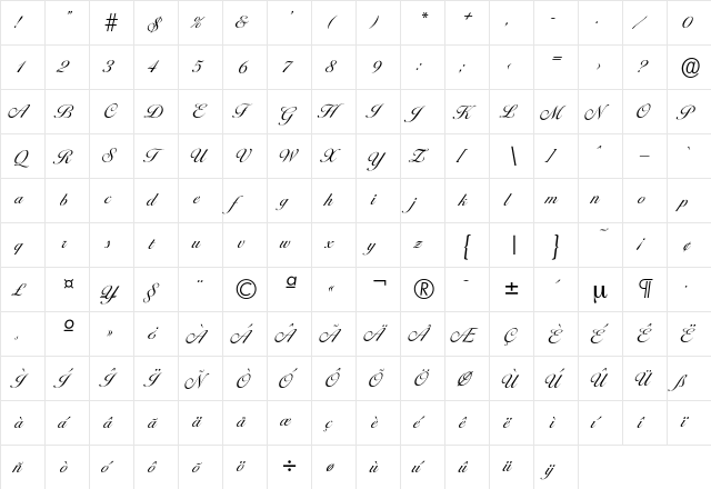 Ballantines-Light Regular  glyph index