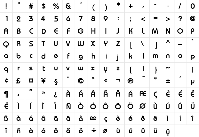 Bimini Bold  glyph index