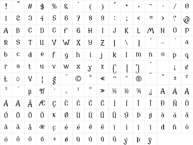 Xefora Regular  glyph index