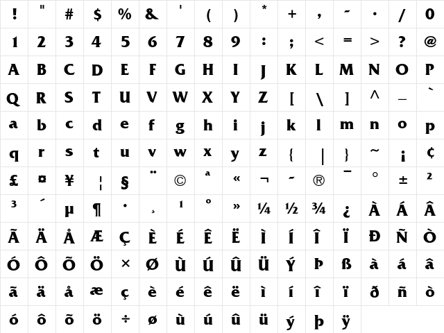 Friz Quadrata Bold  glyph index