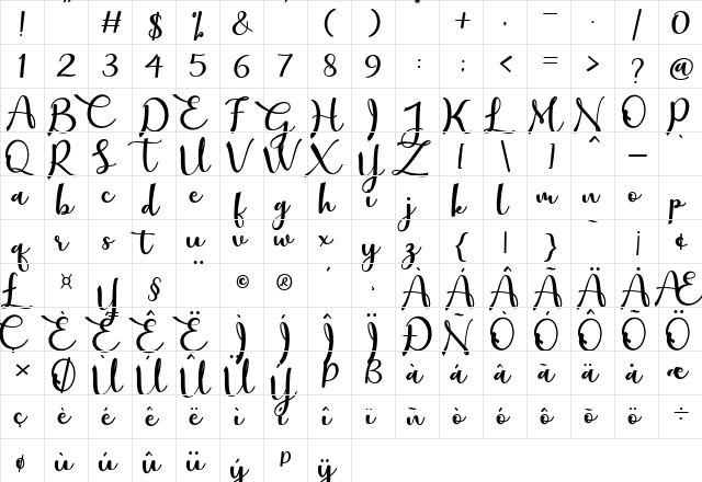 mathilda Regular  glyph index