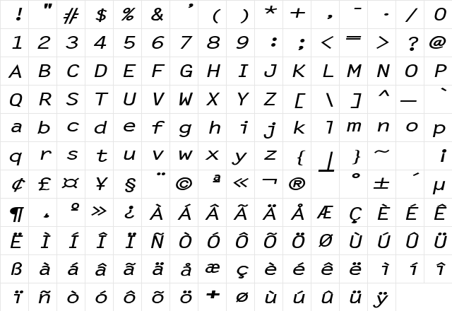 Lechter Extended Bold Italic  glyph index