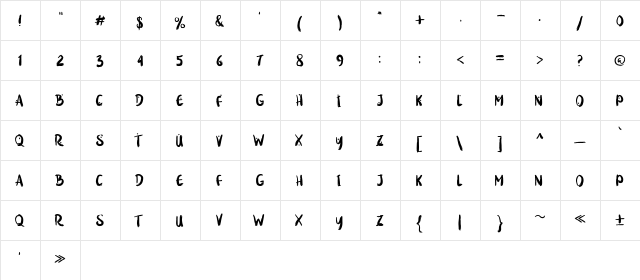 Loveya Brush Regular  glyph index