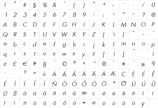 LimerickSerial-Light Italic  glyph index