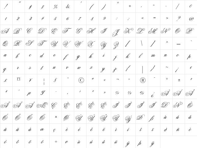 Flemish ScriptII Std Regular  glyph index