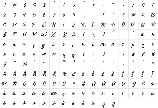 Zenghief Regular  glyph index
