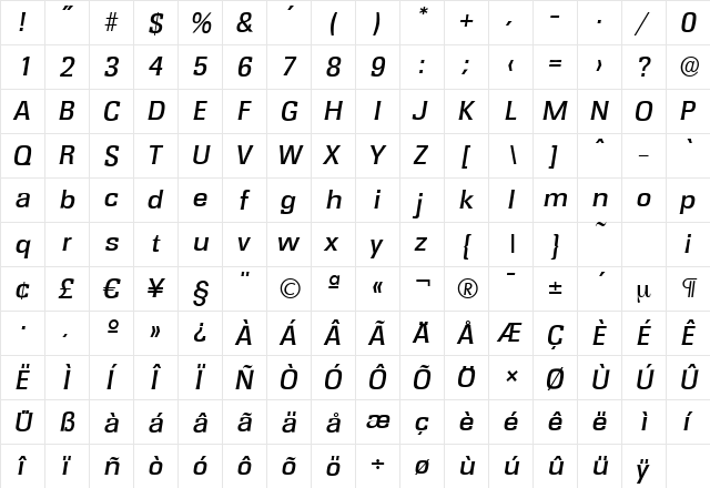 RochesterSerial-Medium Italic  glyph index
