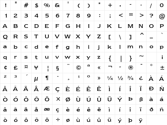 Newtext Rg BT Regular  glyph index