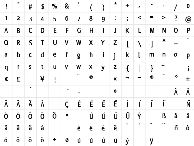 Latext Bold  glyph index