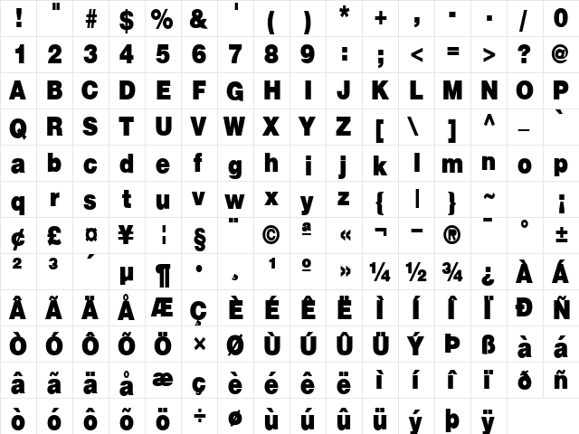 FireWalk36 Bold  glyph index