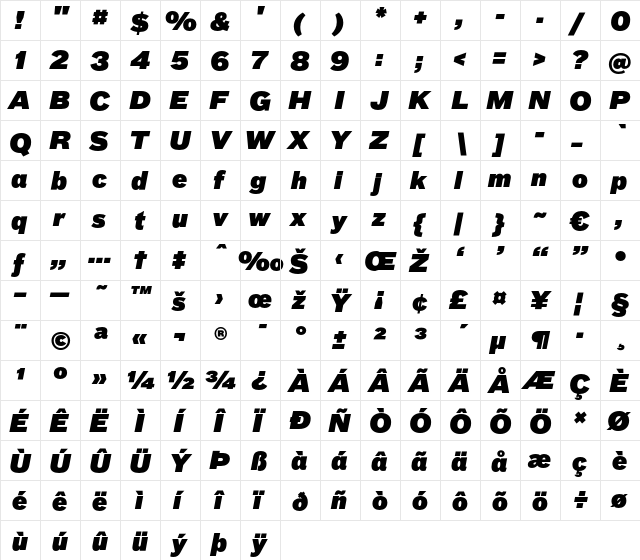 BauLF-SuperItalic Regular  glyph index