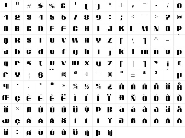 Ptarmigan Regular  glyph index