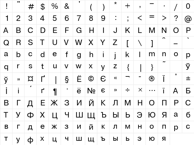 PragmaticaRoman Regular  glyph index