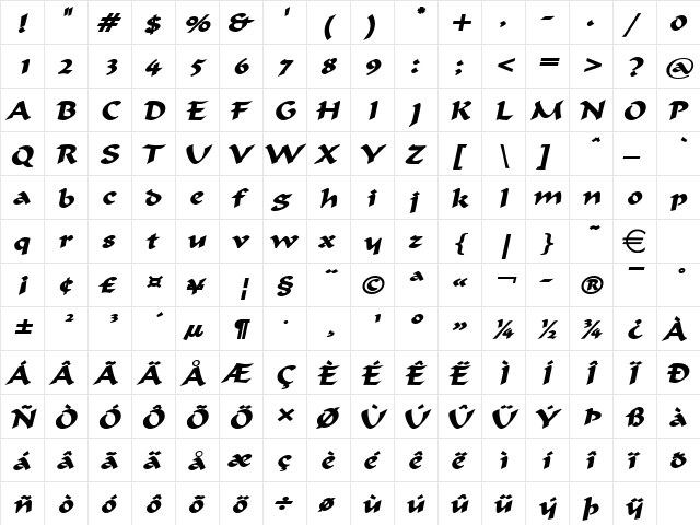 FlatBrushWide BoldItalic  glyph index