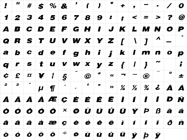 Kathryn-Extended Italic  glyph index