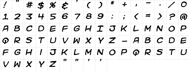 Kid Kosmic Italic  glyph index
