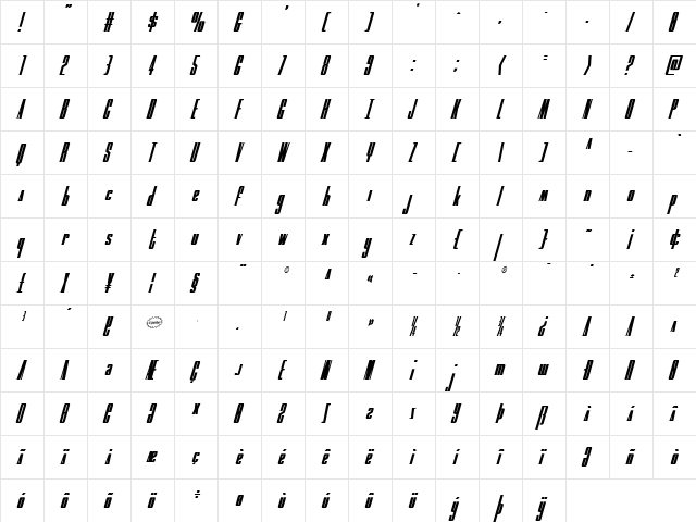MOON Runner Condensed Italic Condensed Italic  glyph index