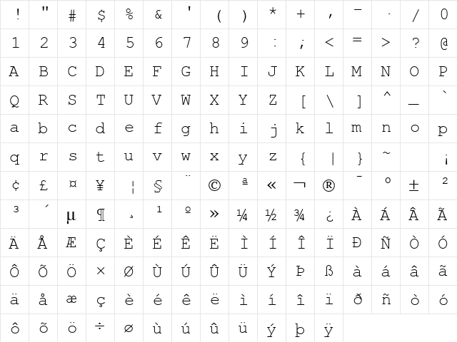 CourierSH Regular  glyph index