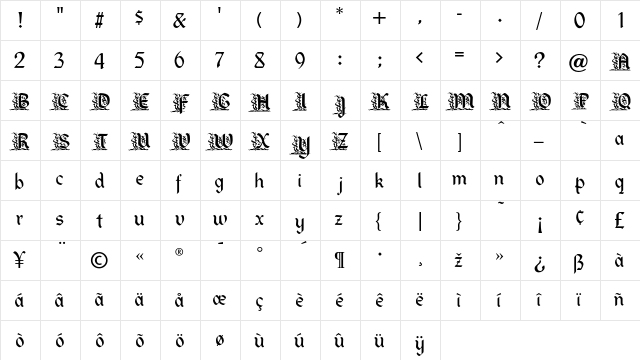 DavisFancy Regular  glyph index