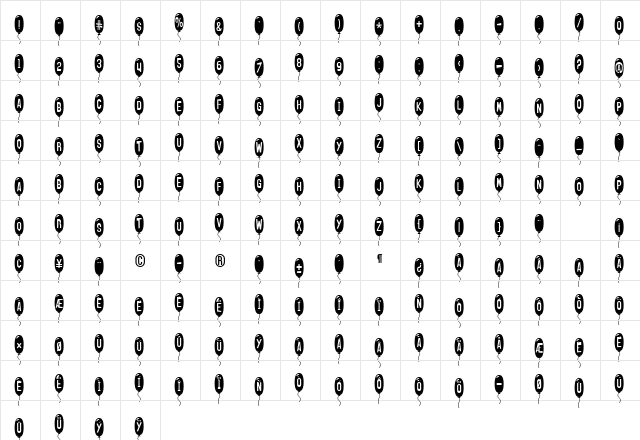 SF Balloons Thin Regular  glyph index