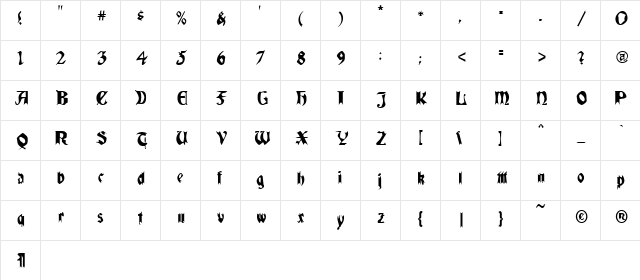 QuaelGothicCondensed Regular  glyph index