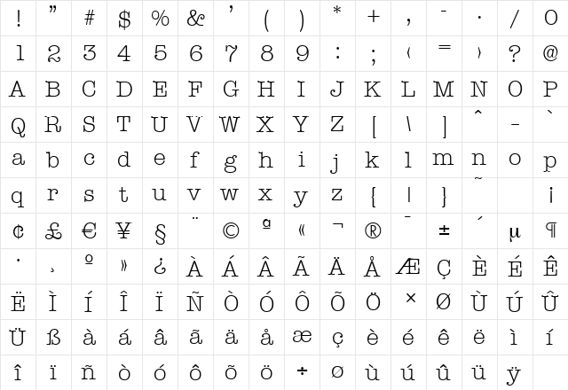 TypewriterSerial-Light Regular  glyph index