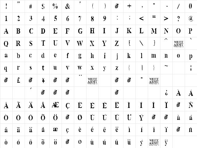 White Army Regular  glyph index