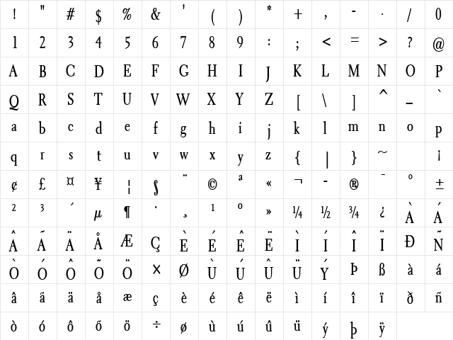 Transit 2 Condensed Bold  glyph index